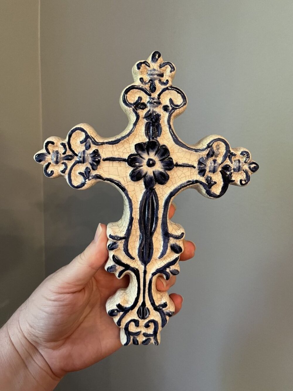 Blue And White Ceramic Cross Wall Hanger With Floral Detailing 9"